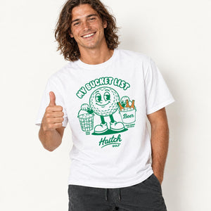 Man wearing the Haitch Golf My Bucket List tee in White, second view