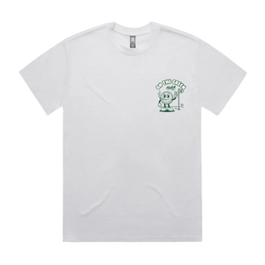A white short-sleeve crewneck t-shirt with a small green graphic on the left chest featuring a cartoon character and the text 'ON THE GREEN'.
