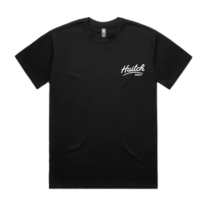 A black short-sleeve crewneck t-shirt with a white 'Haitch GOLF' logo printed on the left chest, displayed flat against a solid white background.