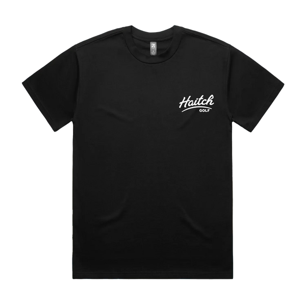 A black short-sleeve crewneck t-shirt with a white 'Haitch GOLF' logo printed on the left chest, displayed flat against a solid white background.