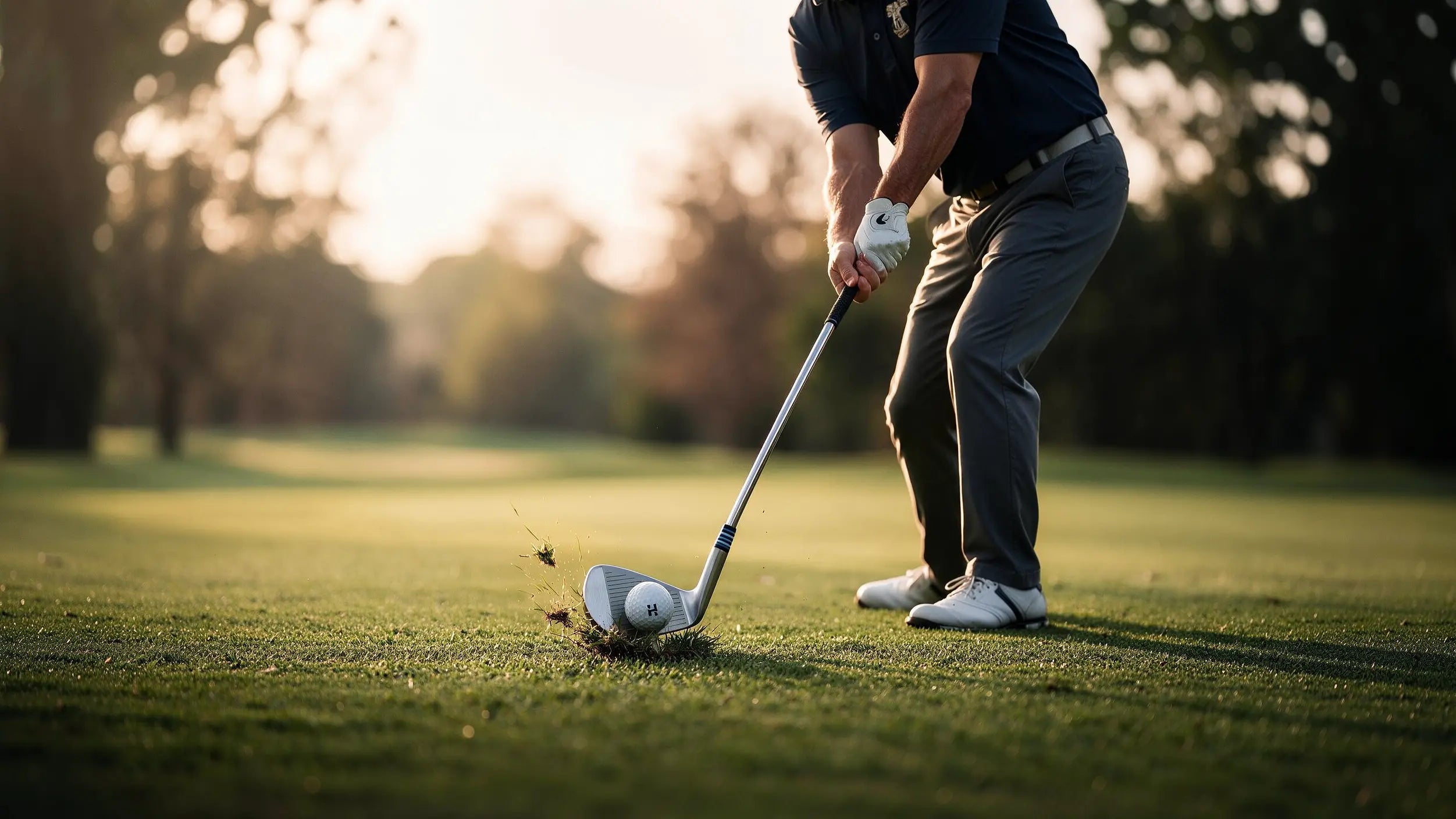 A golfer in a navy polo shirt and gray trousers swings an iron club on a sunlit golf course, with grass flying off the clubhead.
