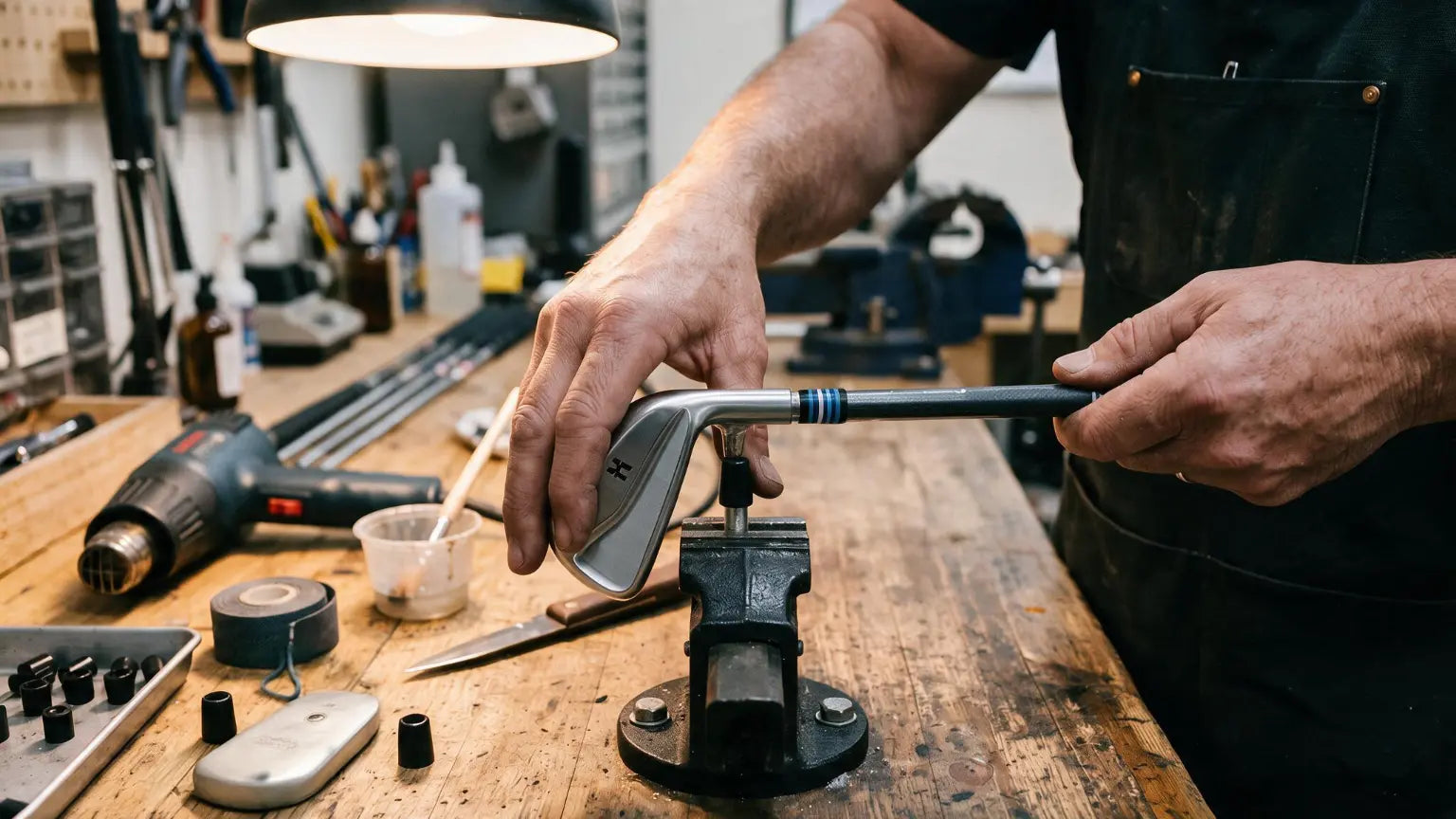 A close-up of a golfer's hands holding a silver metal golf iron club head mounted in a black bench vise on a wooden workbench inside a workshop. A heat gun, tape, and other tools are visible in the background.