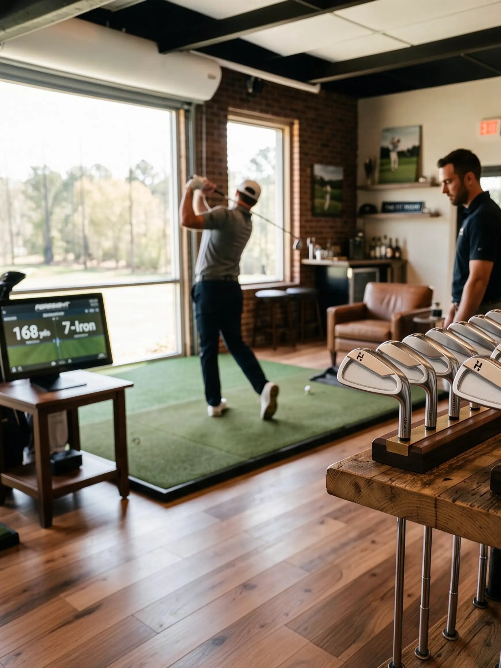 A man swings a golf club on an indoor hitting mat while another man stands nearby. Golf clubs are displayed on a wooden stand in the foreground, and large windows show trees outside.