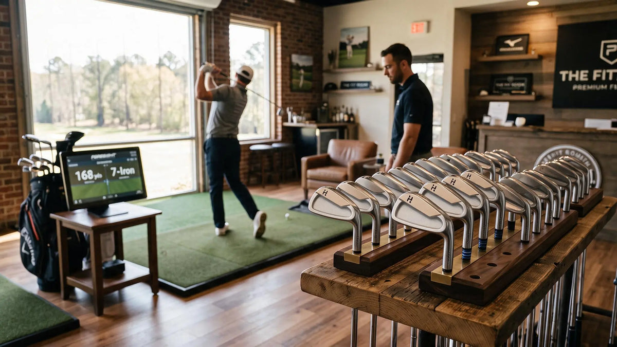 A lifestyle shot inside a golf club or retail shop showing a man swinging a golf club on a hitting mat, with a display of various golf clubs on stands in the foreground and another man standing nearby.