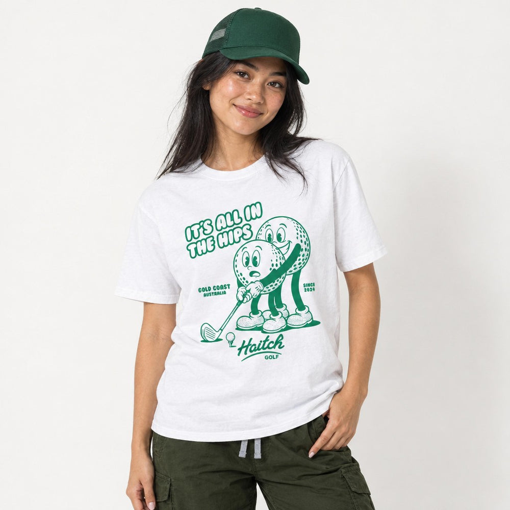 Woman wearing the Haitch Golf It's All In The Hips tee in White, second view
