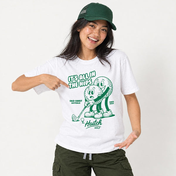 Woman wearing the Haitch Golf It's All In The Hips tee in White, second view
