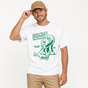 Man wearing the Haitch Golf It's All In The Hips tee in White