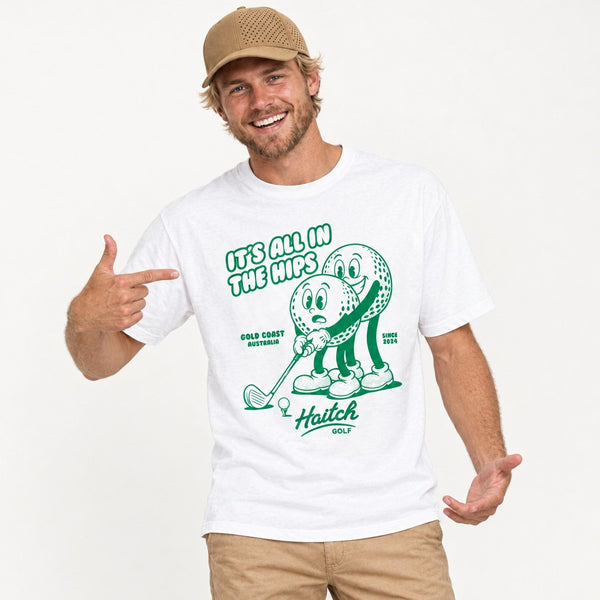 Man wearing the Haitch Golf It's All In The Hips tee in White, second view