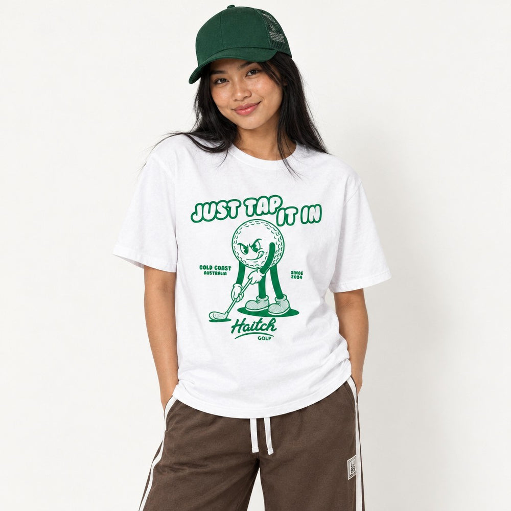 Woman wearing the Haitch Golf Just Tap It In tee in White, second view