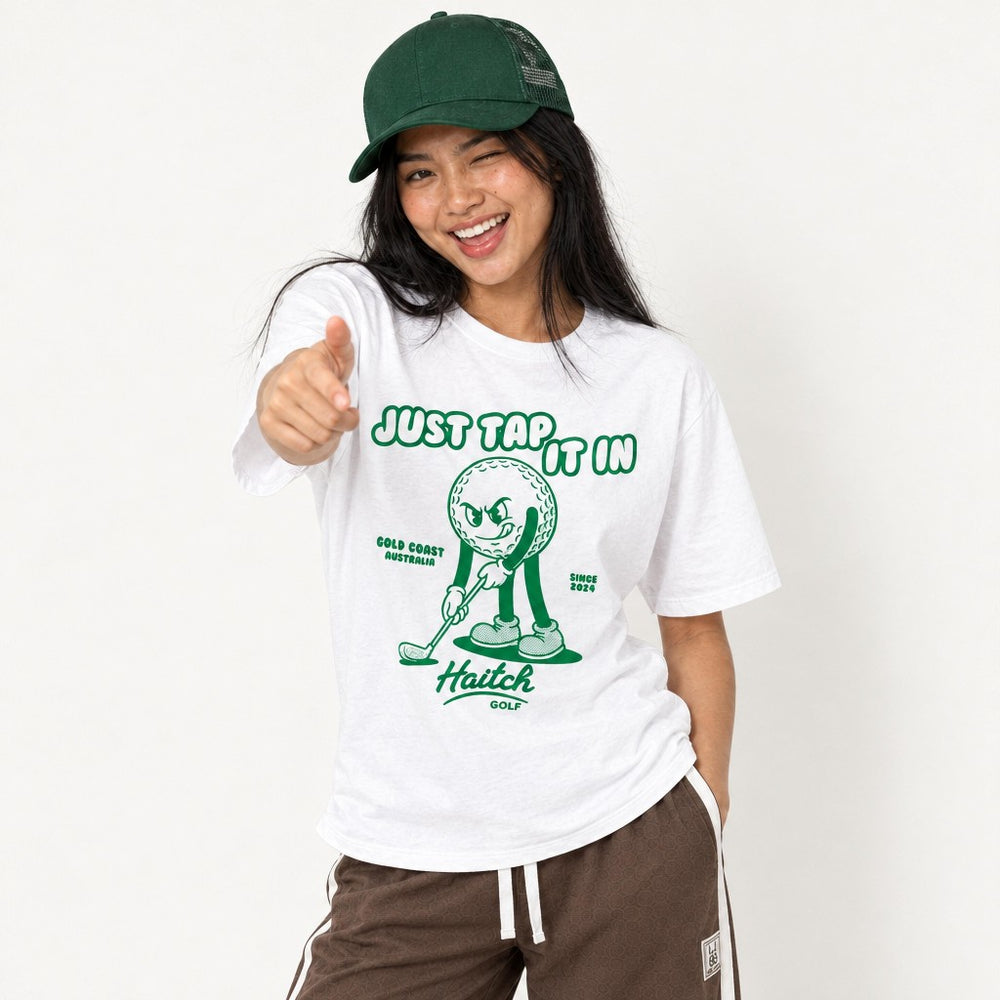 Woman wearing the Haitch Golf Just Tap It In tee in White, second view