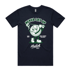 Haitch Golf Never Lay Up staple tee in Navy, product shot