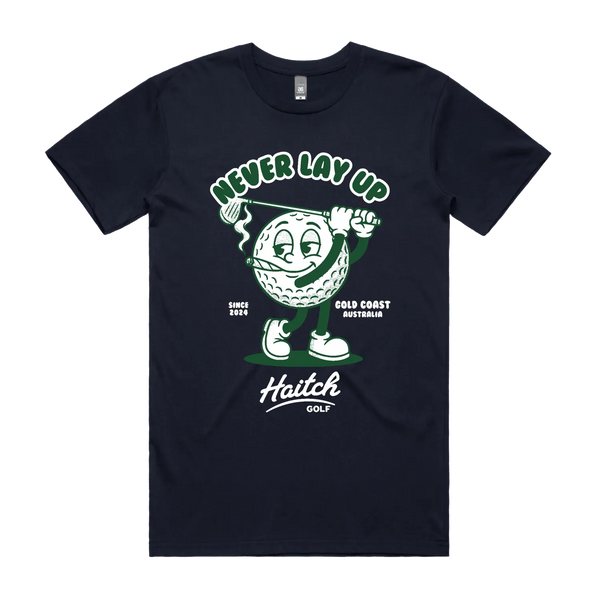 Haitch Golf Never Lay Up staple tee in Navy, product shot