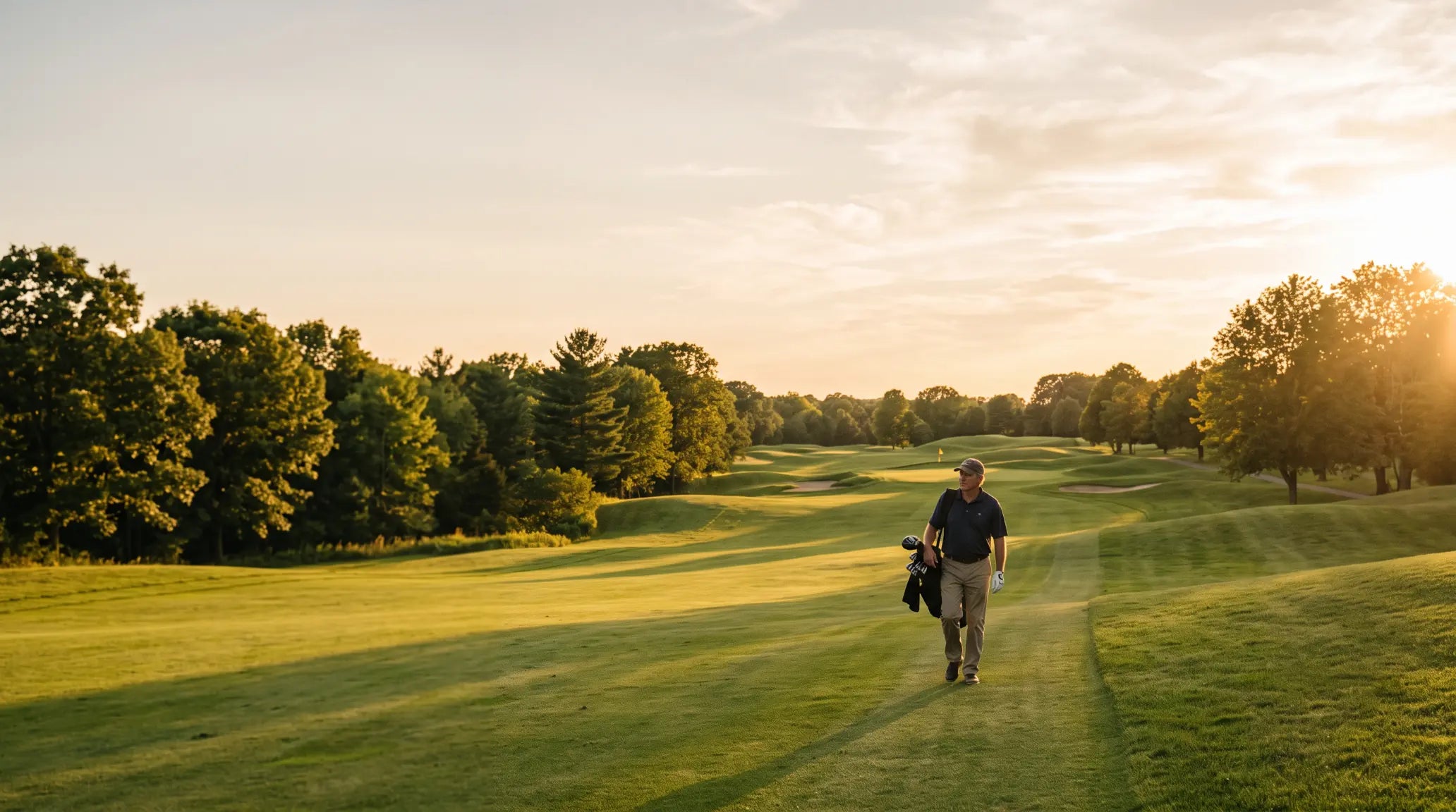 A man walking on a sunlit golf course path at sunset, carrying a golf bag. The scene features rolling green fairways, trees, and warm golden light.