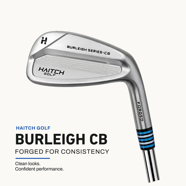 A single Haitch Golf Burleigh Series-CB forged iron golf club shown on a clean off-white background with product text below. The club is metallic silver with blue and black striped accents near the grip and black printed branding.