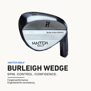 Haitch Golf Burleigh Wedge golf club head shown on a light cream background with product text below. The club is metallic silver and black with the Haitch Golf logo and Burleigh Series text visible.