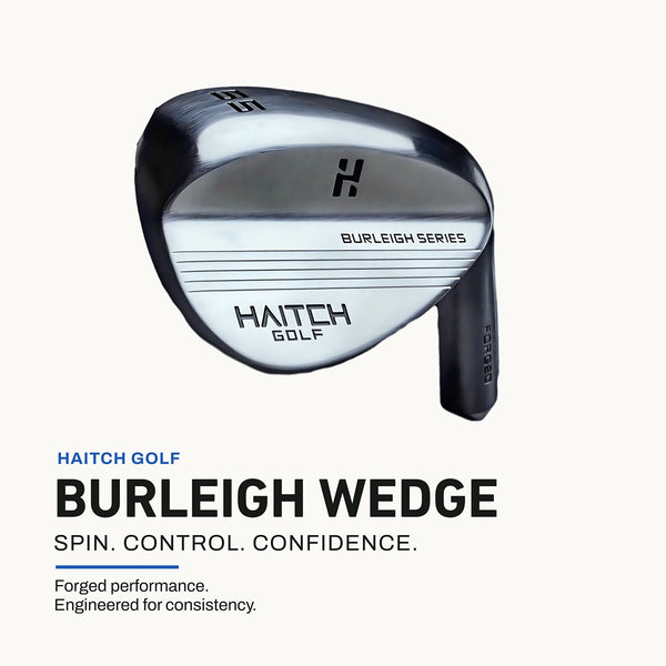 Haitch Golf Burleigh Wedge golf club head shown on a light cream background with product text below. The club is metallic silver and black with the Haitch Golf logo and Burleigh Series text visible.