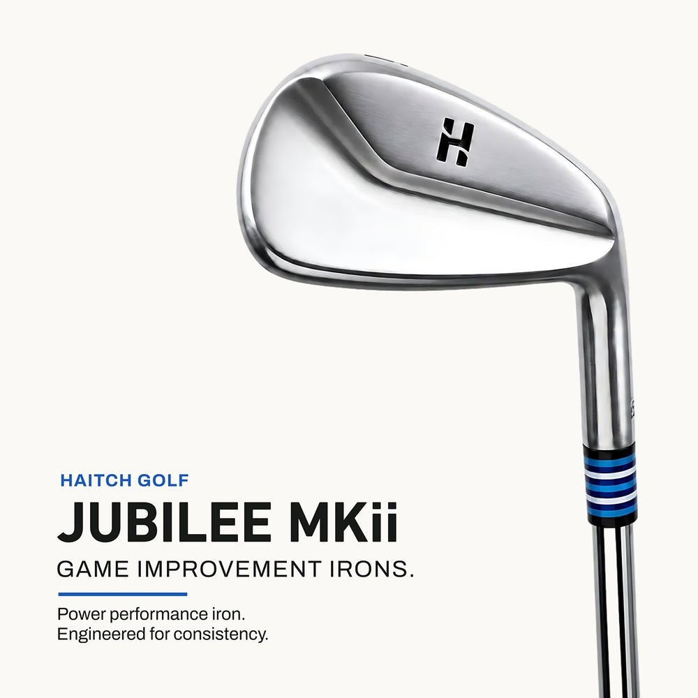 A single Haitch Golf Jubilee Mk2 iron golf club shown on a clean off-white background with product text below. The club is metallic silver with a black and white striped section near the grip and a black Haitch logo on the clubface.