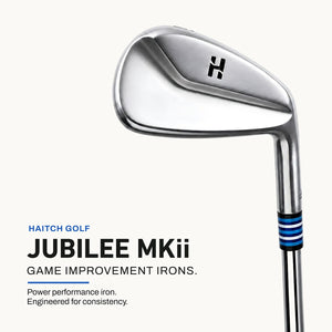 A single Haitch Golf Jubilee Mk2 iron golf club shown on a clean off-white background with product text below. The club is metallic silver with a black and white striped section near the grip and a black Haitch logo on the clubface.
