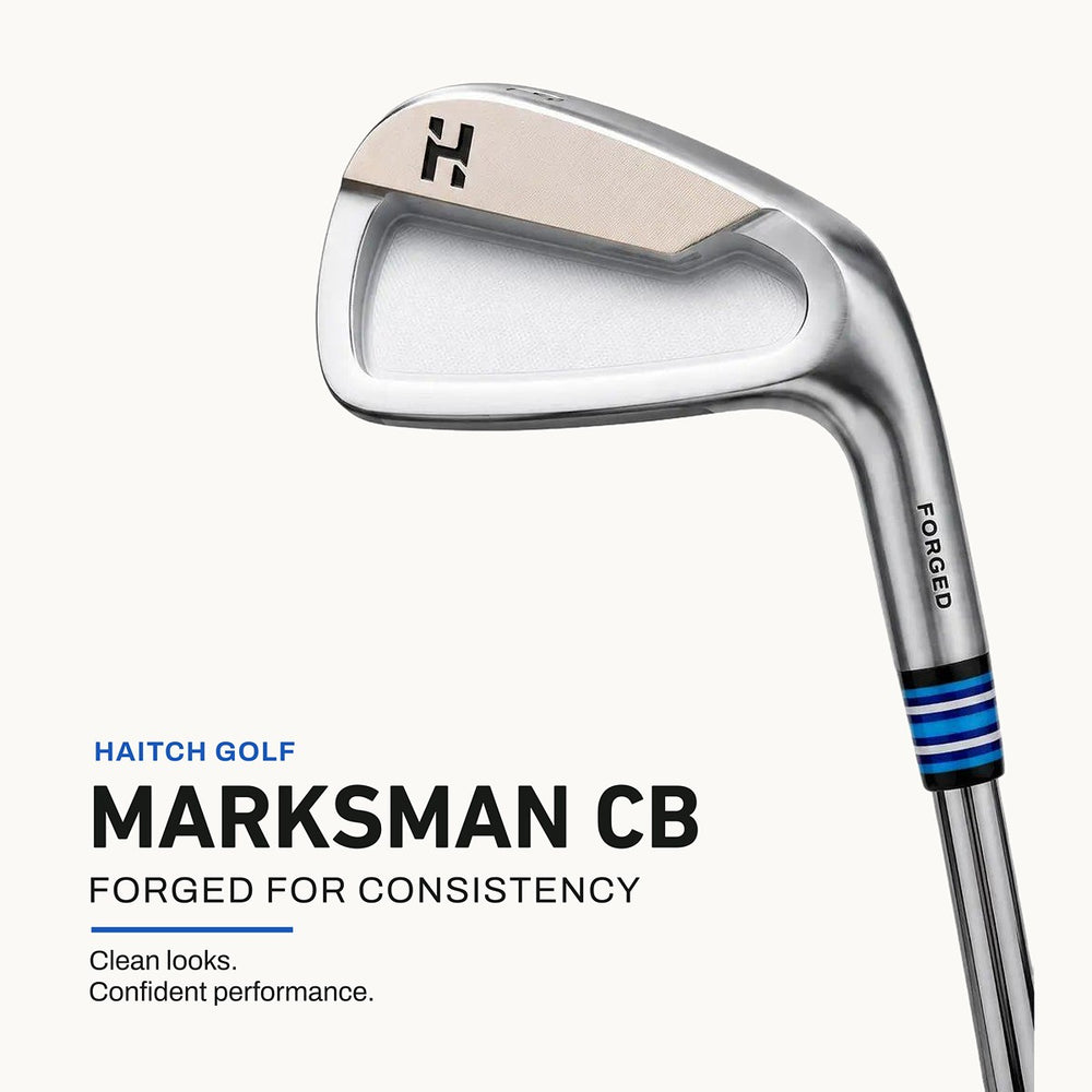 A close-up studio shot of a Haitch Golf Marksman CB forged iron golf club head and part of the shaft on a light off-white background, with product text below.