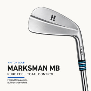 A close-up studio shot of a Haitch Golf Marksman MB iron golf club head and part of the shaft on a light off-white background, with product text below.