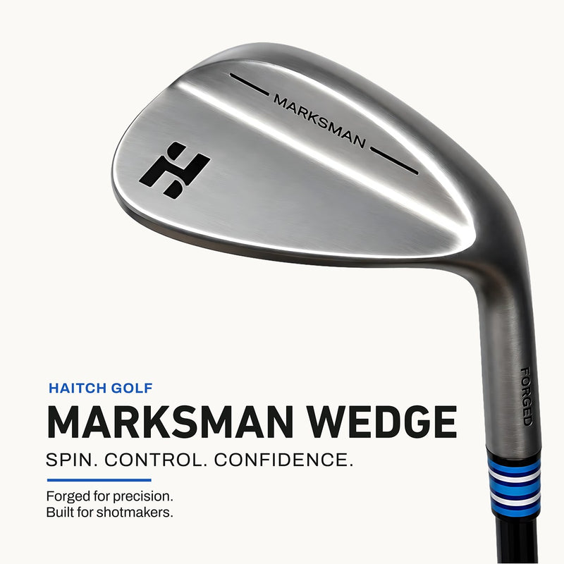 A Haitch Golf Marksman Wedge golf club shown at an angle on a light off-white background, with product text below reading 'HAITCH GOLF MARKSMAN WEDGE' and 'SPIN. CONTROL.