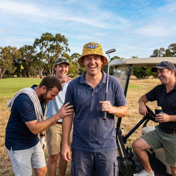 Four men laughing on a golf course near a golf cart. The central man wears a blue polo shirt, khaki shorts, and a yellow patterned bucket hat with 'Haitch Golf' printed on it.