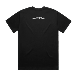 A black short-sleeve t-shirt shown from the back, featuring the text 'Smash Golf Balls' printed in white cursive script across the upper back, set against a plain white background.