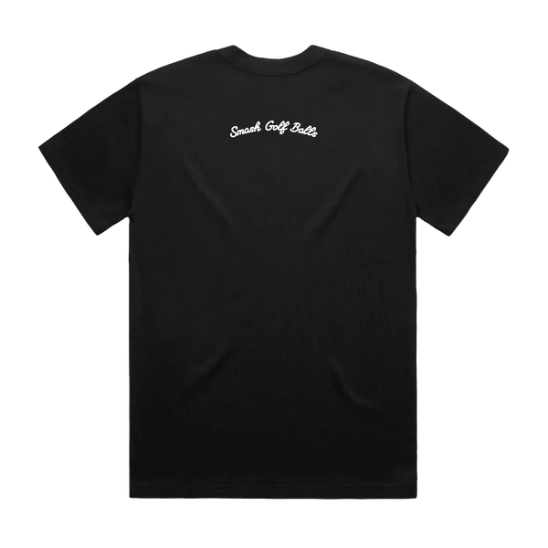 A black short-sleeve t-shirt shown from the back, featuring the text 'Smash Golf Balls' printed in white cursive script across the upper back, set against a plain white background.