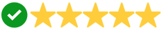 A five-star rating graphic with a green circle containing a white checkmark next to four yellow stars on a white background.